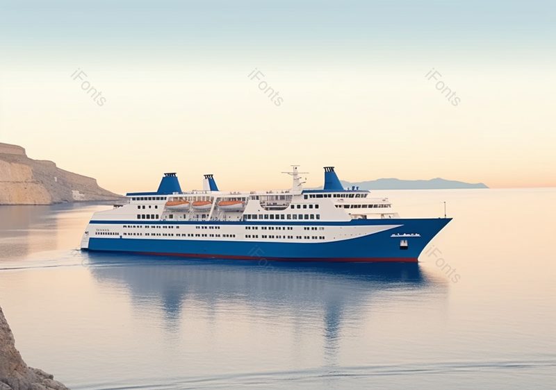 夕阳和希腊群岛上的蓝白渡船实拍图像摄影,高清,摄影图,摄影图片,图片大全,摄影图免费下载